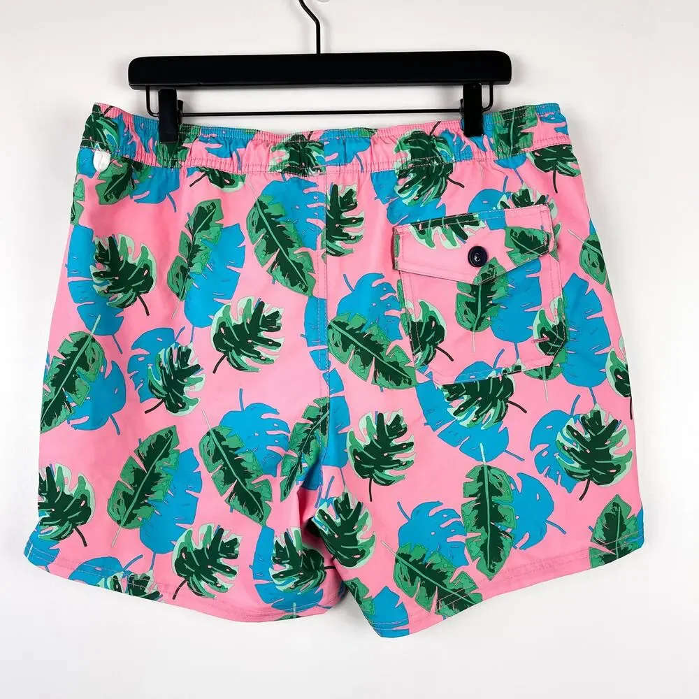 J.Crew Mens Swim Trunks Shorts Flex Swimwear Leaves Pink Green Blue - L